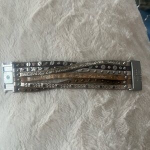 Studded Multi-Row Leather Wrap Bracelet - Silver, Brown